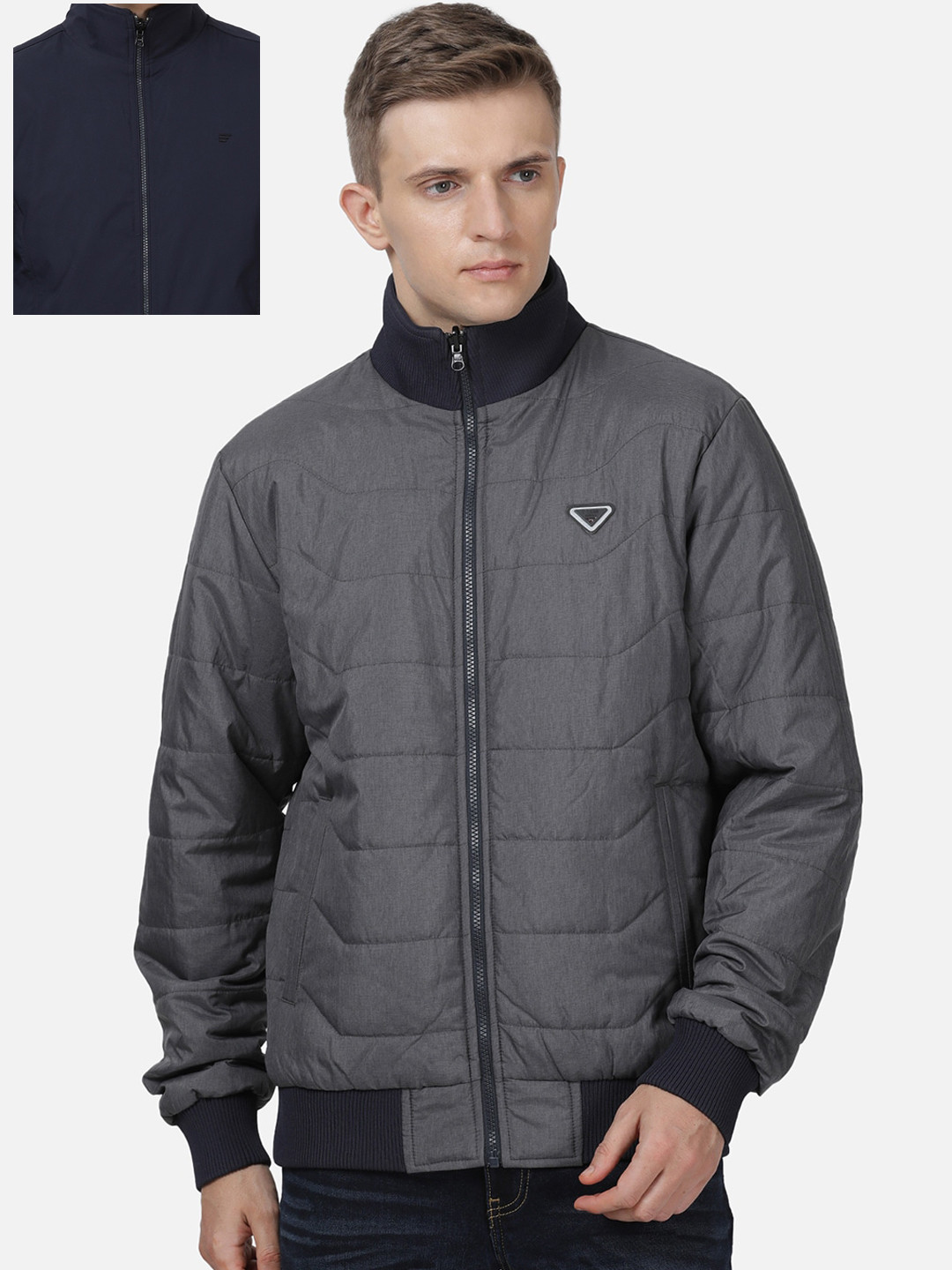 t-base Men Navy Blue Full Sleeve Polyester Solid Reversible Bomber Jacket