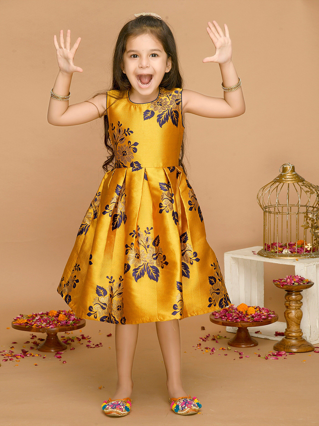 SAKA DESIGNS Mustard Yellow & Navy Blue Floral Jacquard A-Line Dress