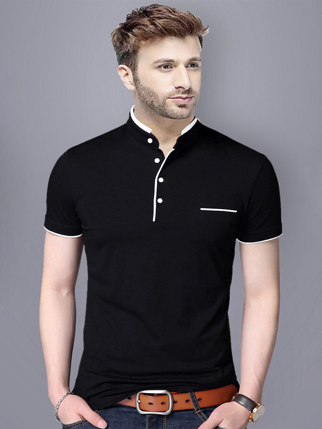 REYA Men Black Henley Neck Pure Cotton T-shirt