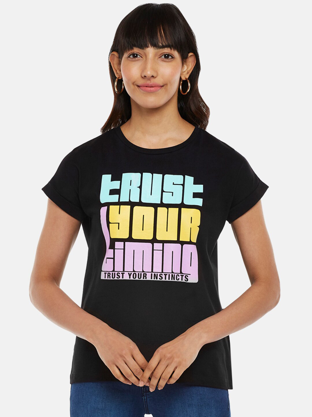 People Women Black Typography Printed Extended Sleeves T-shirt