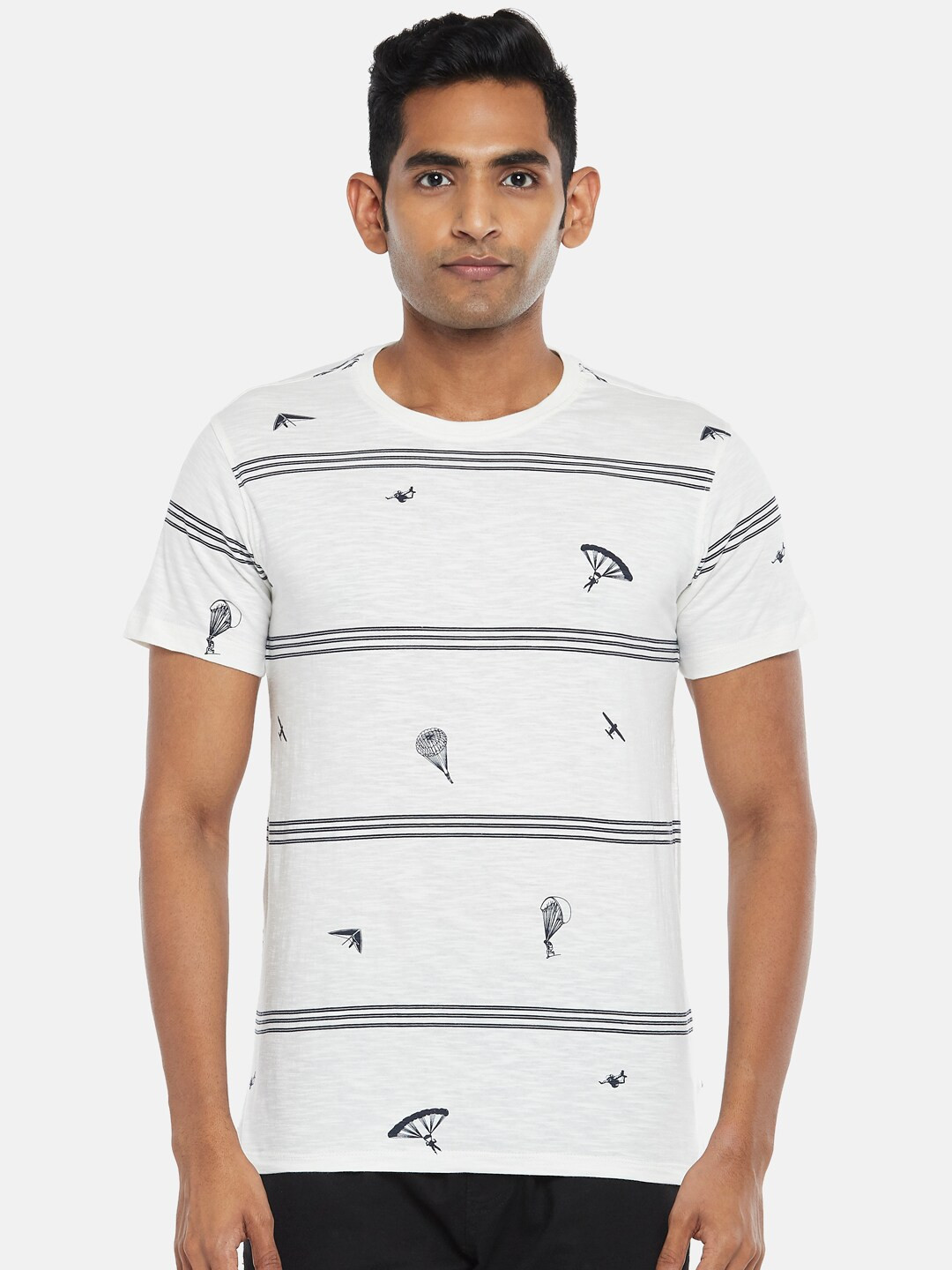 Urban Ranger by pantaloons Men Off White Striped Slim Fit T-shirt