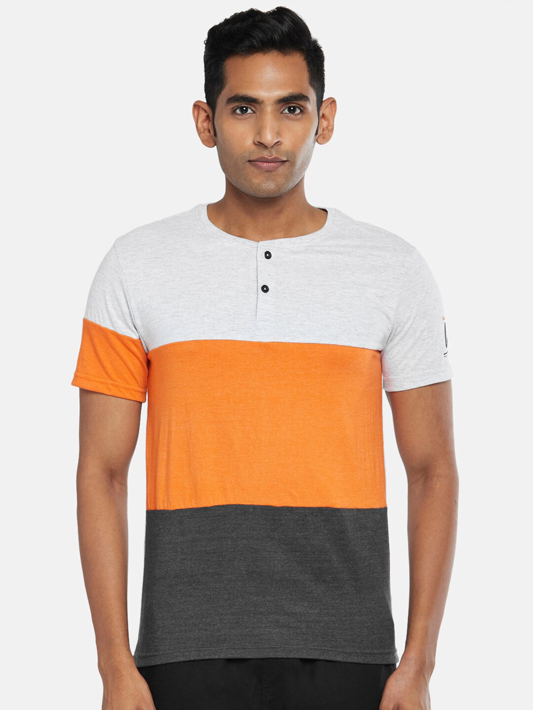 Urban Ranger by pantaloons Men Orange & White Colourblocked Henley Neck Slim Fit T-shirt
