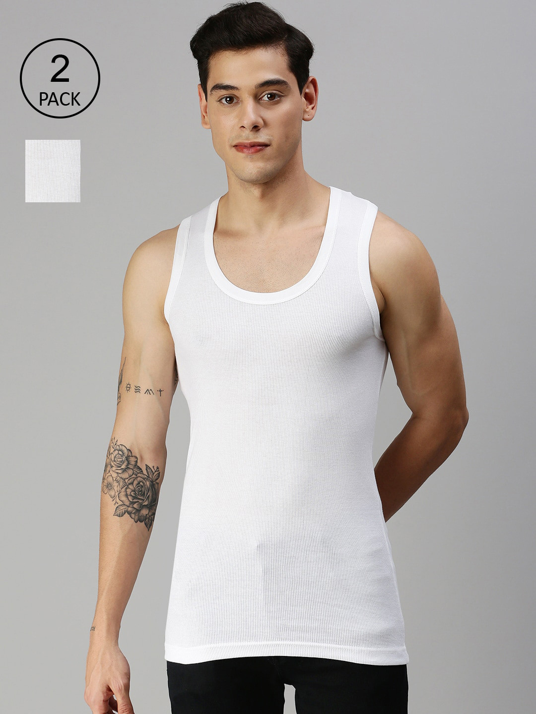 ONN Men Pack of 2 White Solid Cotton Basic Vests