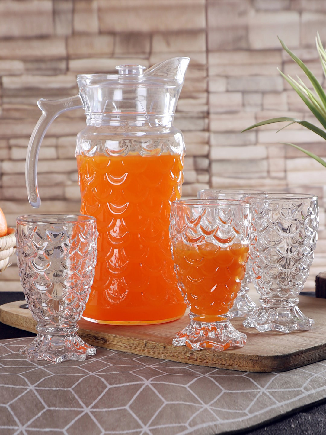 ceradeco Set Of 6 Transparent Textured Juice Glasses & 1 Glass Jug