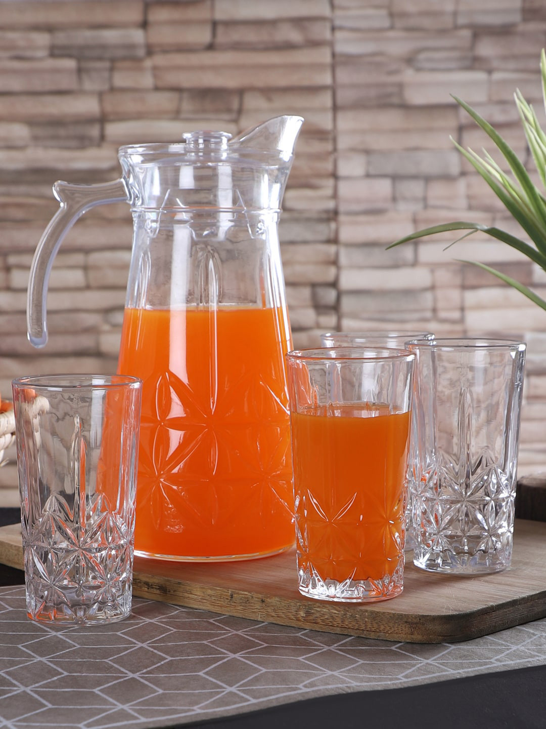 ceradeco Set Of 6 Transparent Textured Juice Glass With Jug