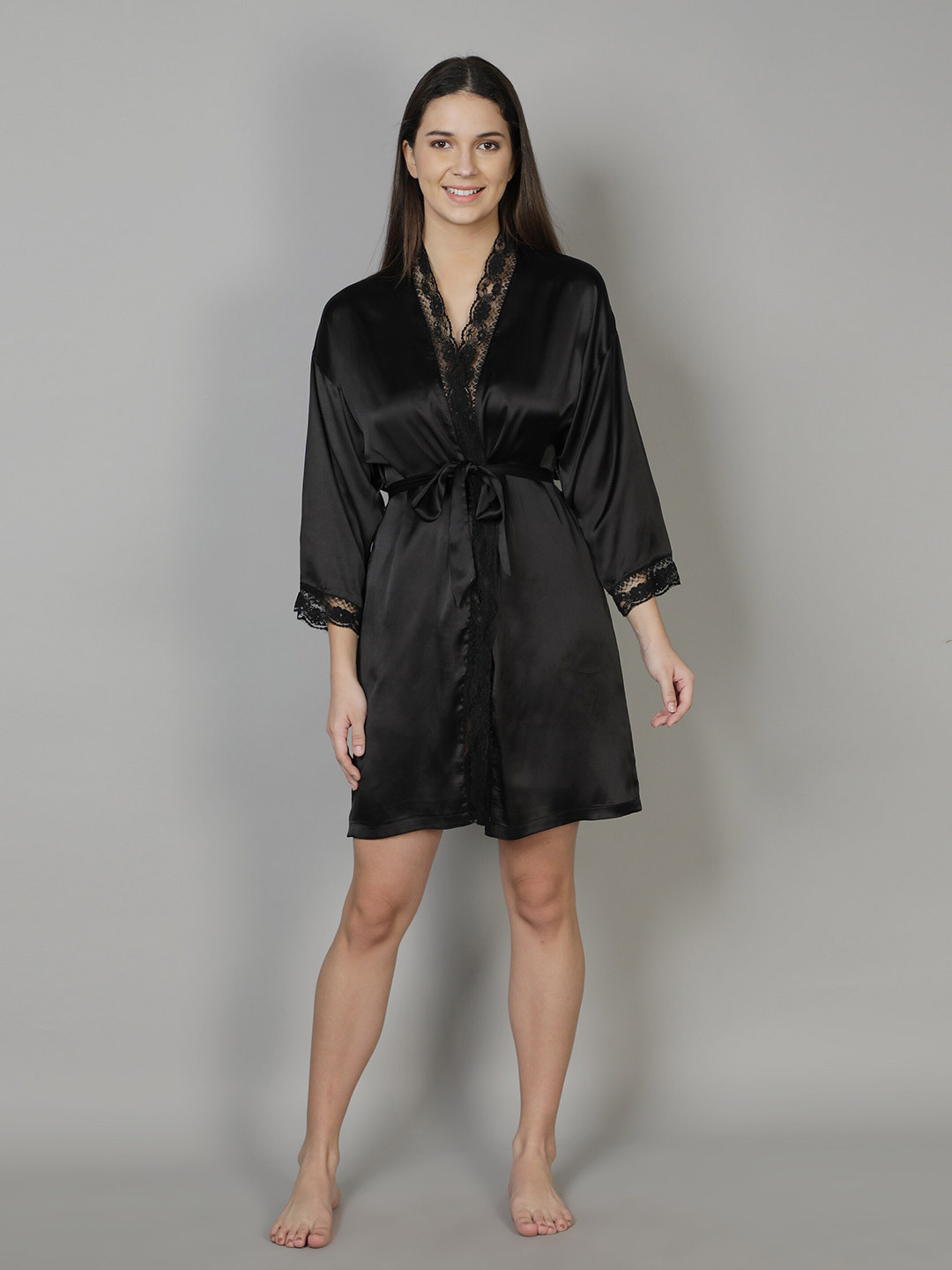 DUSK ATTIRE Women Black Wrap Nightdress
