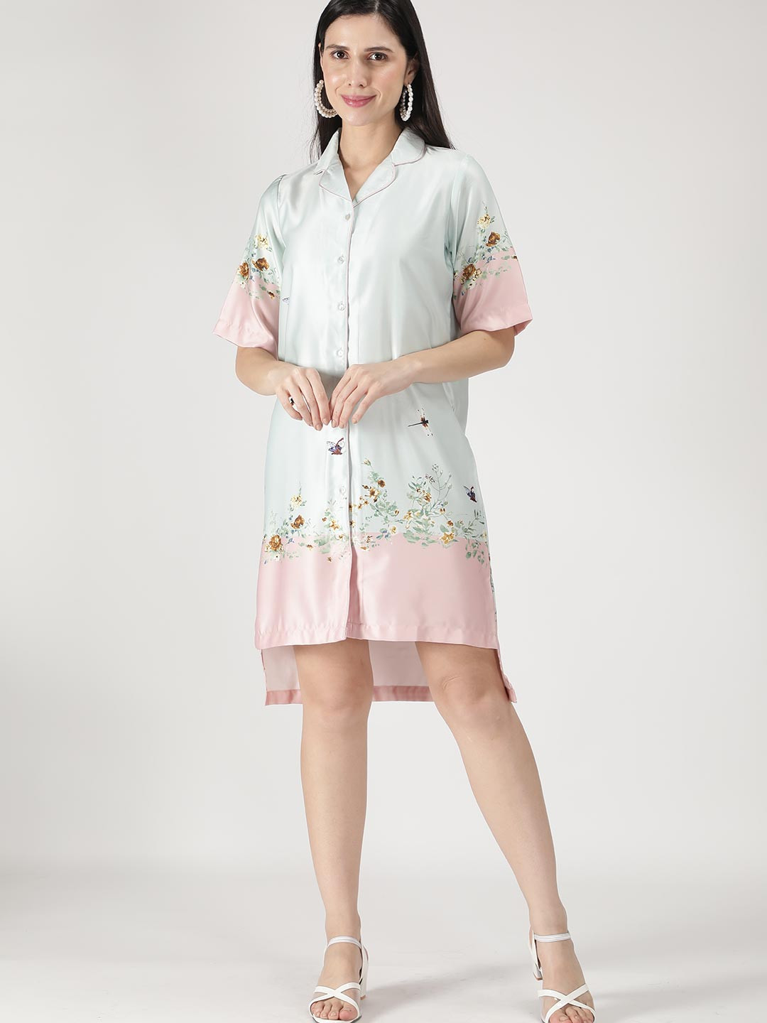 DUSK ATTIRE Women Green Printed Butterfly Garden Night Shirt