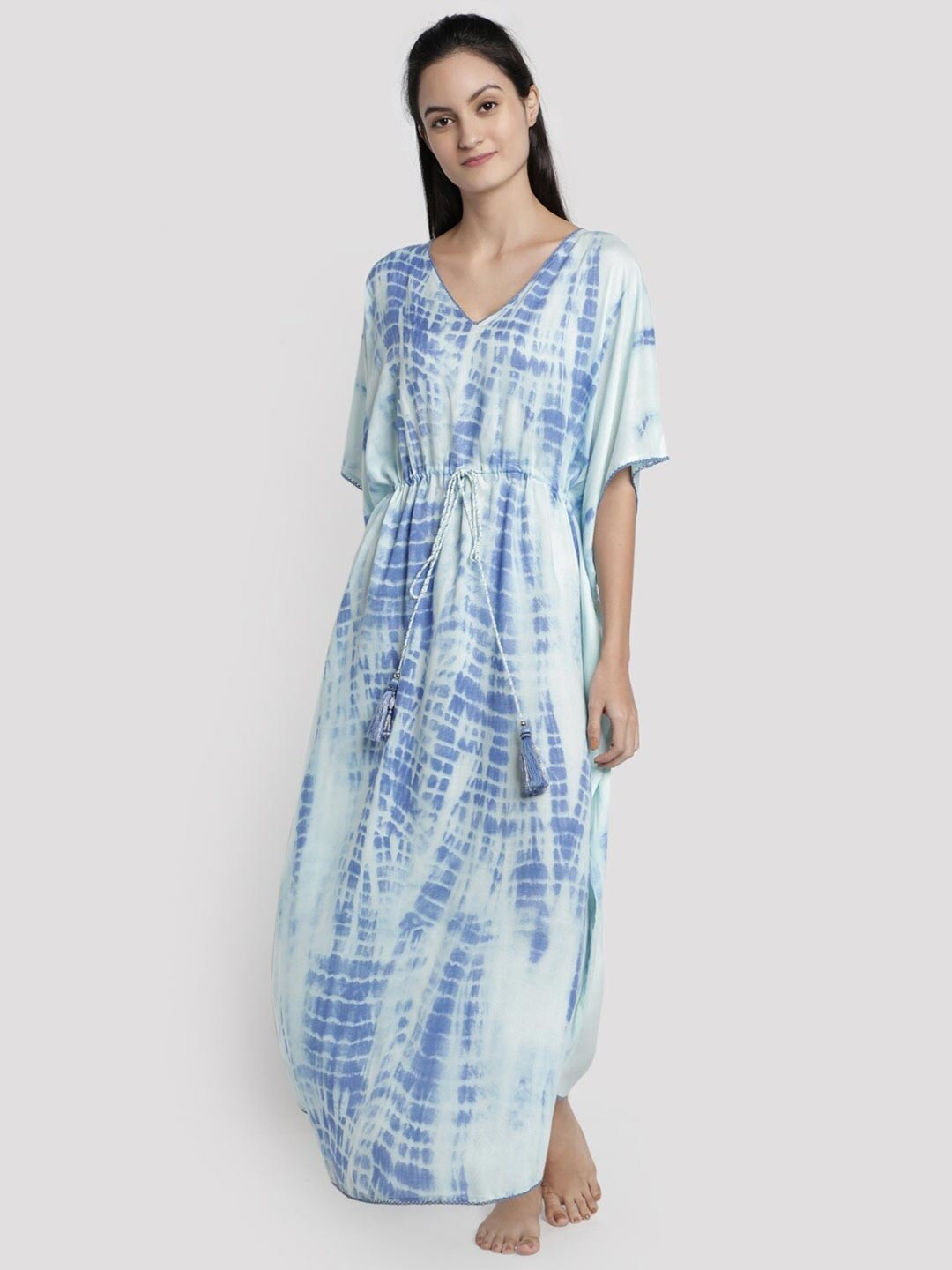 DUSK ATTIRE Women Blue Tie And Dye Maxi Kaftan Nightdress