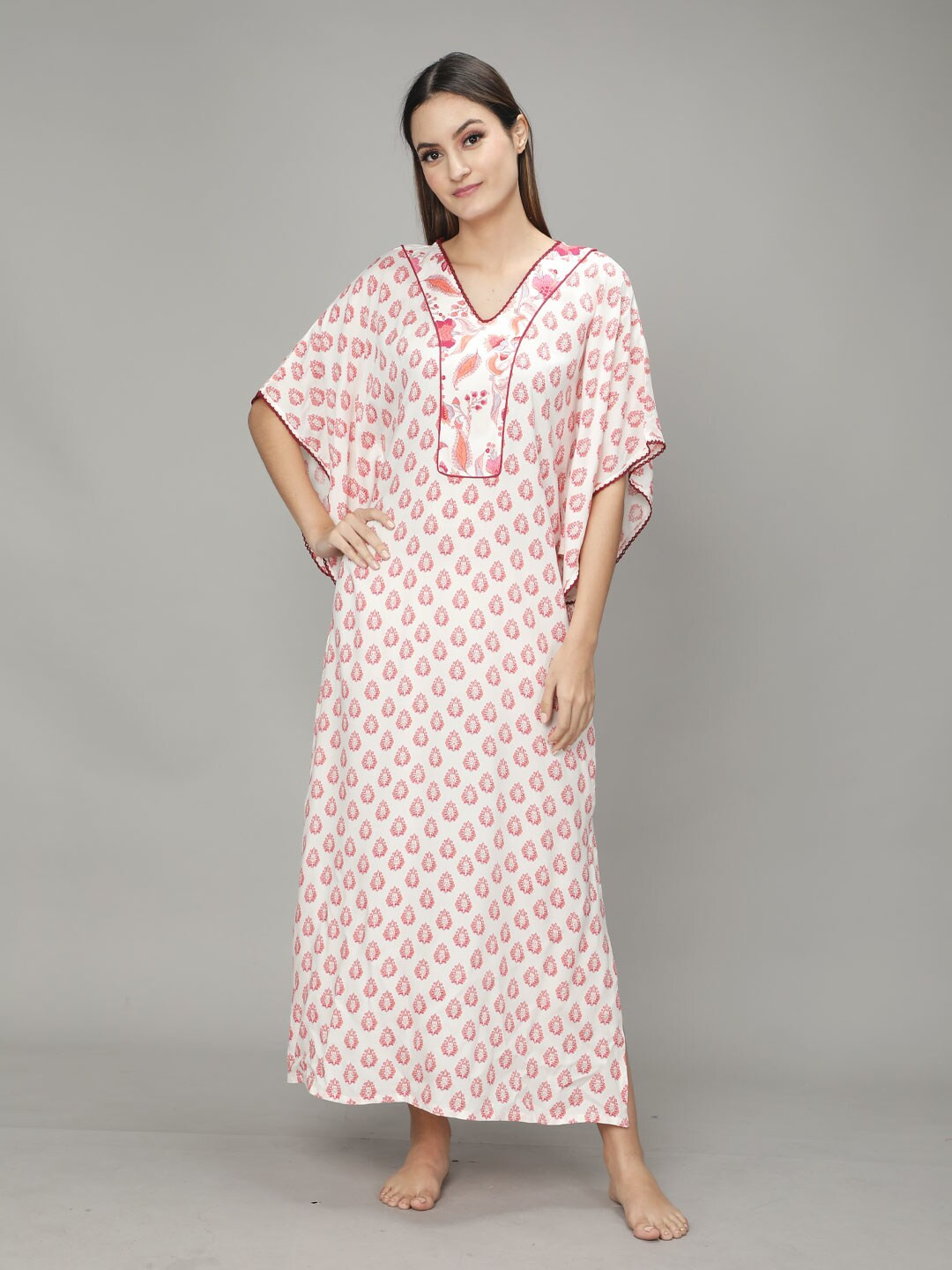 DUSK ATTIRE White Printed Maxi Nightdress
