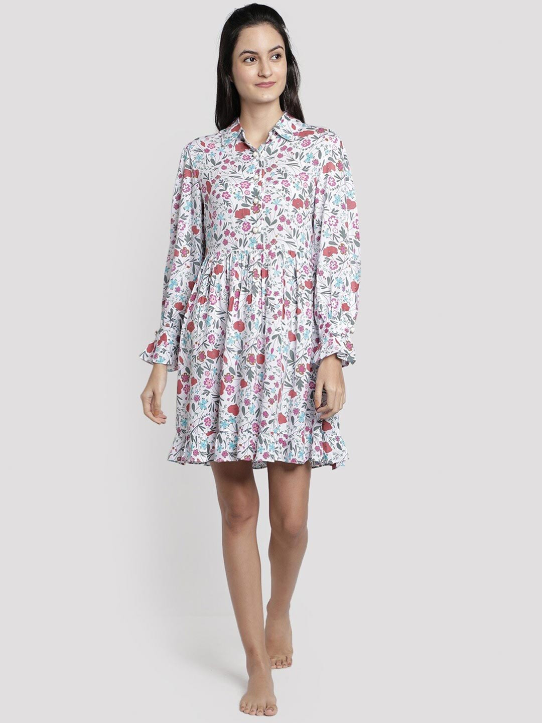 DUSK ATTIRE Women White Floral Printed Nightdress