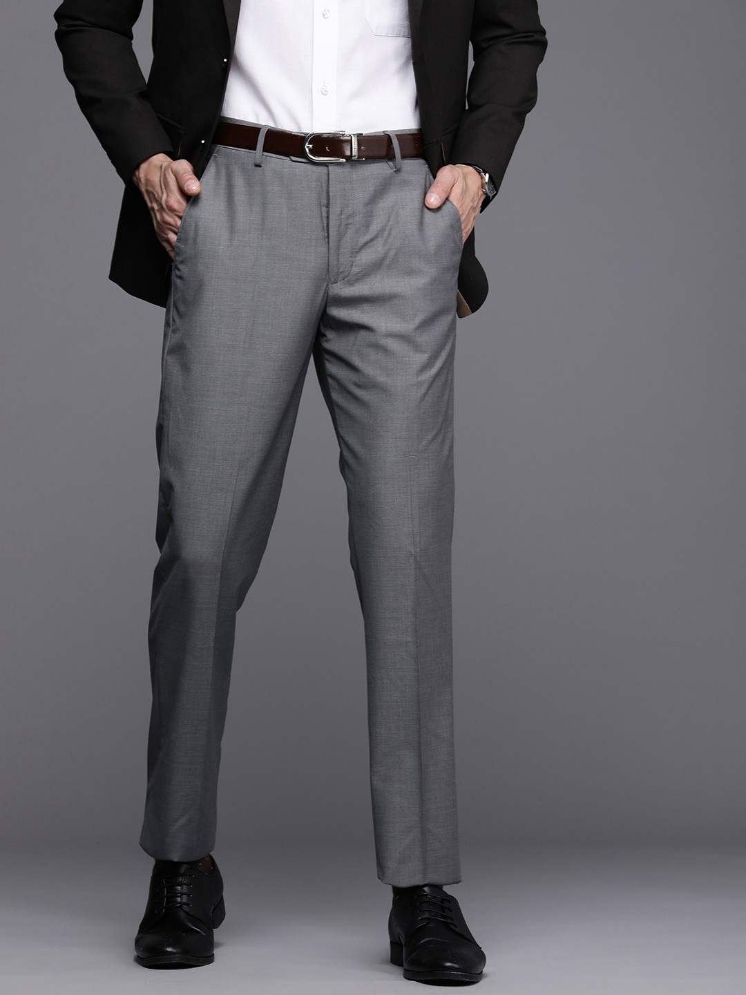 Peter England Elite Men Grey Slim Fit Formal Trousers