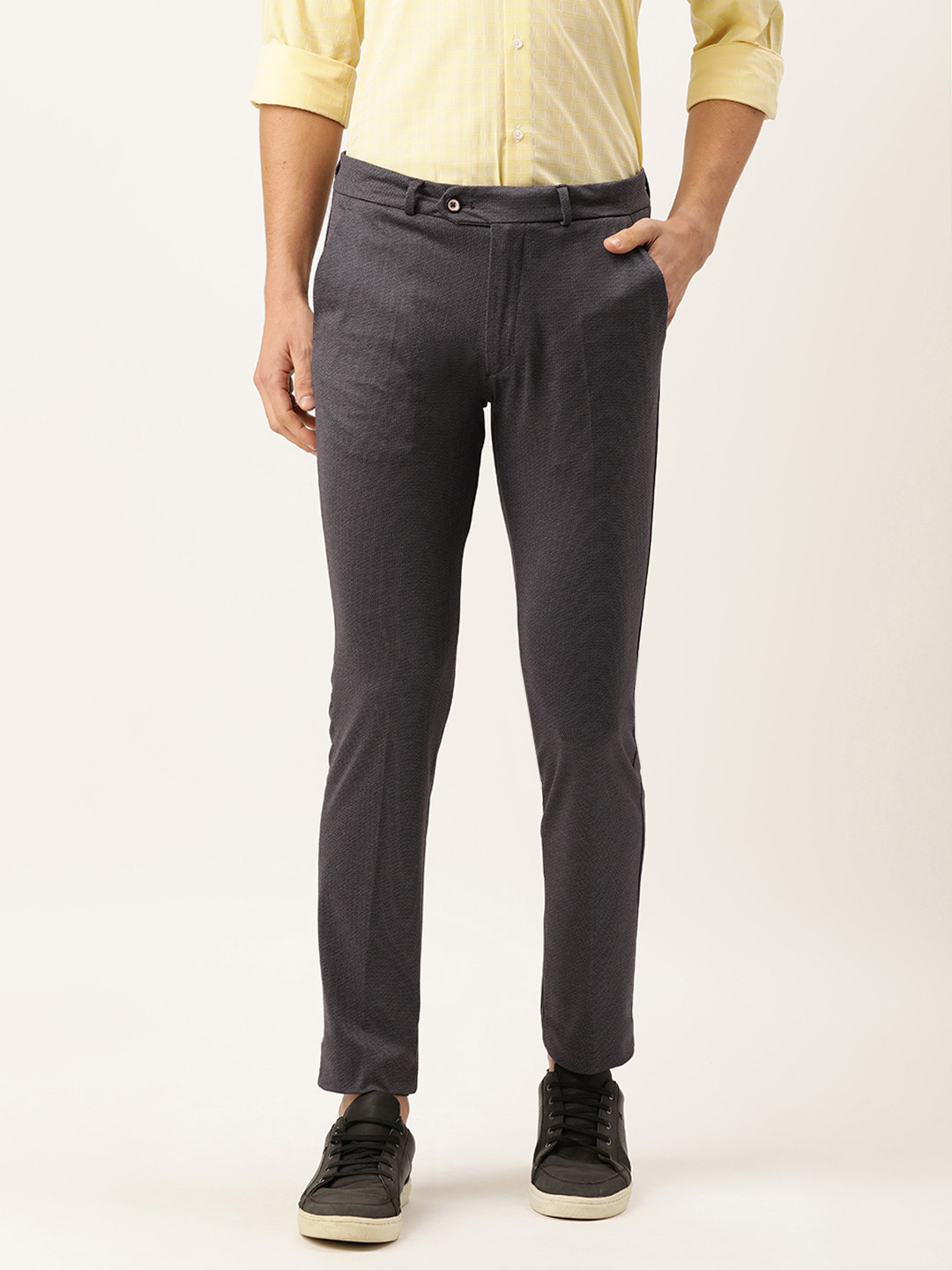 Peter England Men Brown Textured Slim Fit Trousers