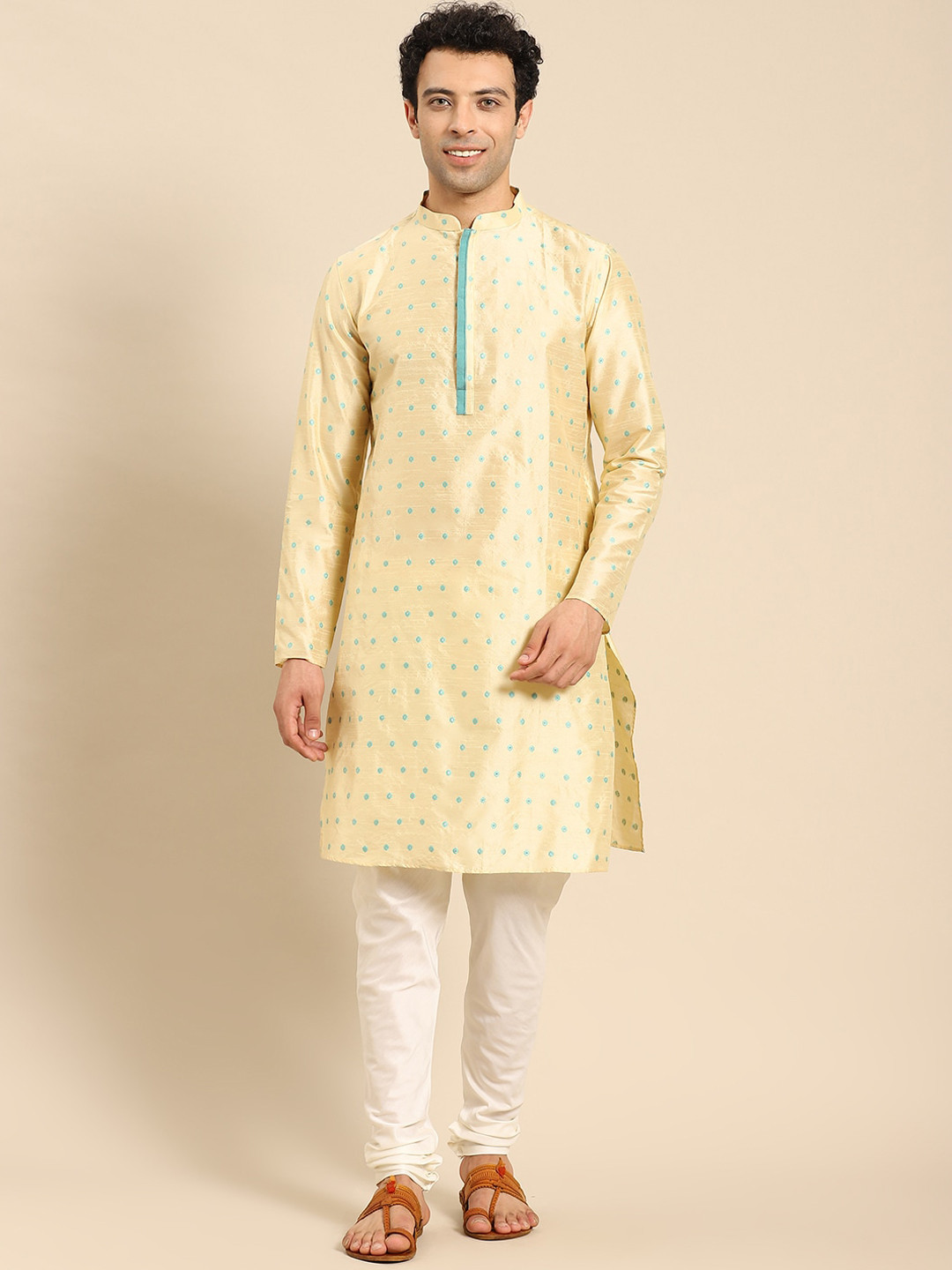 Amodh by Kisah Men Beige Mirror Work Kurta
