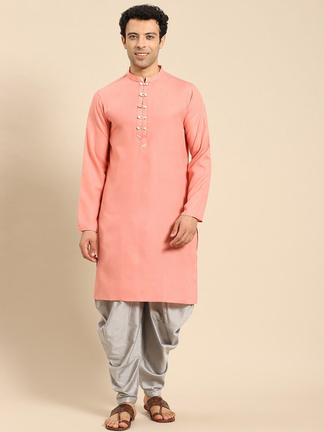 Amodh by Kisah Men's Pink Thread Work Dobby Kurta