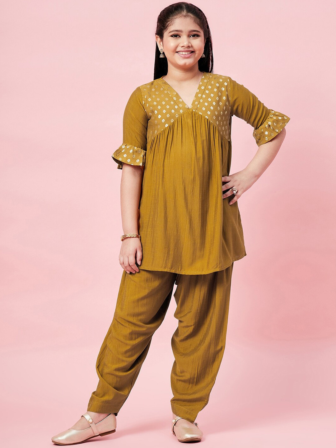 Stylo Bug Girls Yellow Pleated Kurti with Dhoti Pants