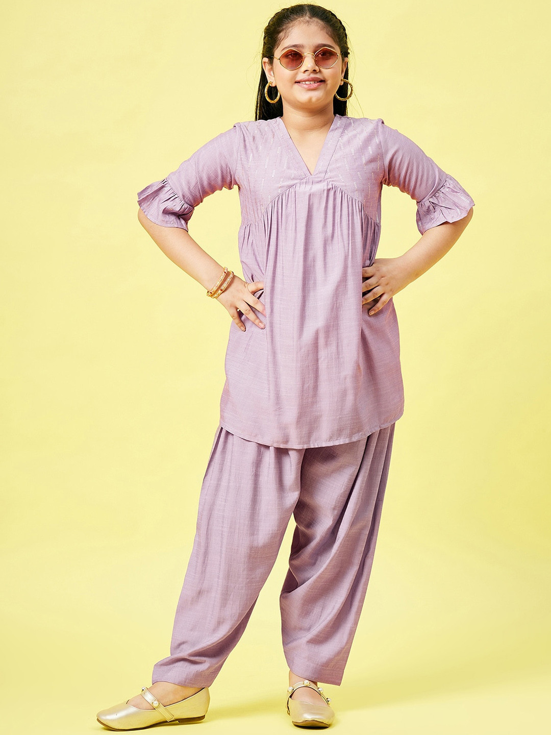 Stylo Bug Girls Purple Layered Kurti with Dhoti Pants