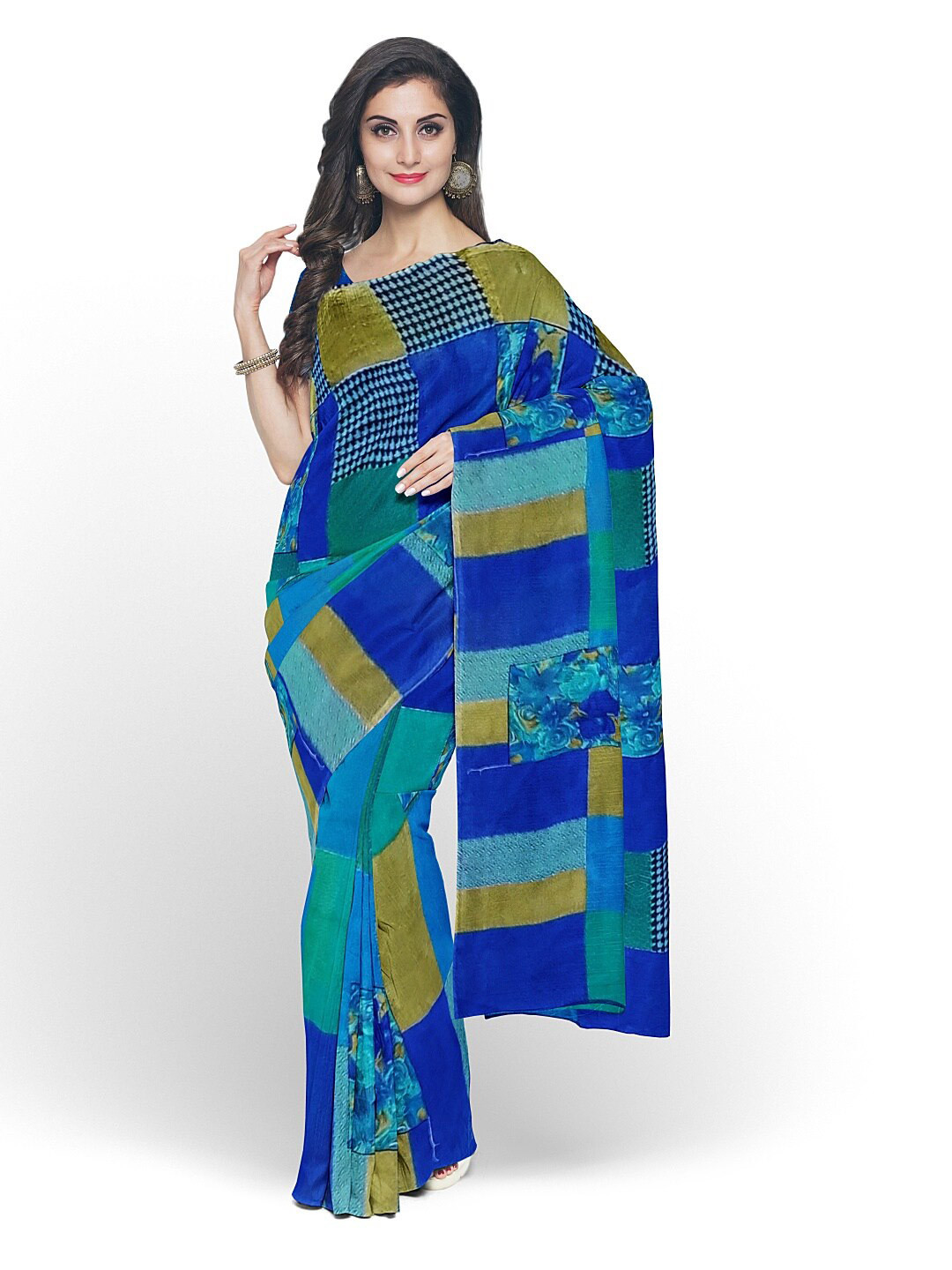 Florence Blue & Green Ethnic Motifs Pure Georgette Fusion Dharmavaram Saree