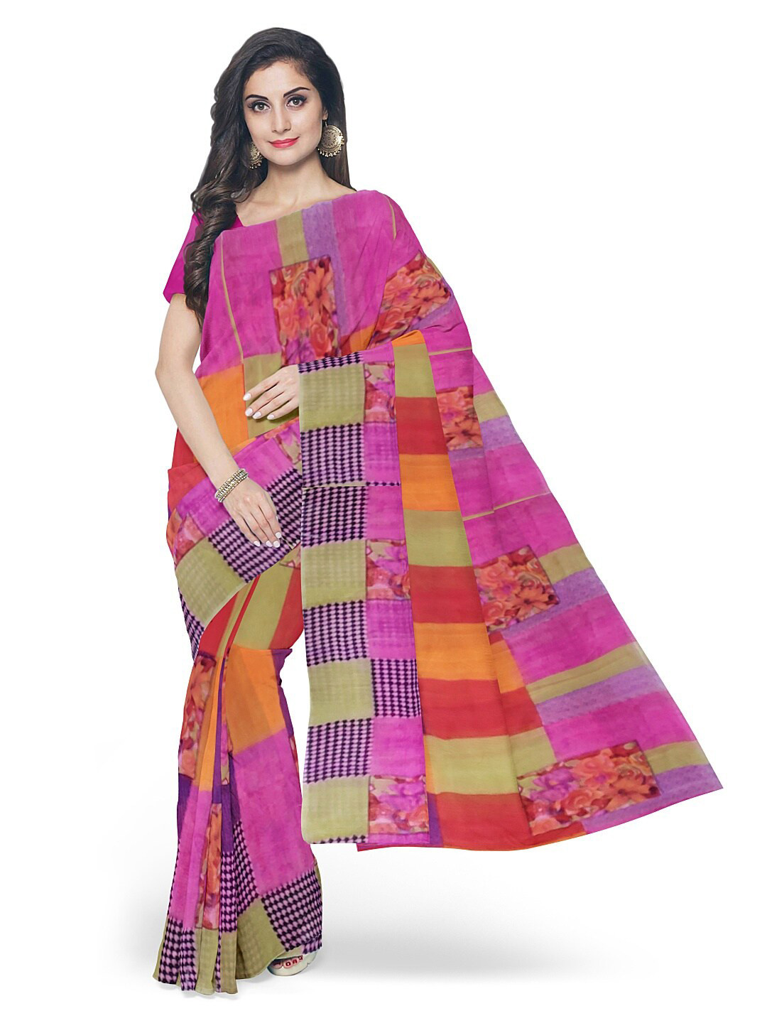 Florence Women Assorted Ethnic Motifs Fusion Dharmavaram Saree With Unstithed Blouse