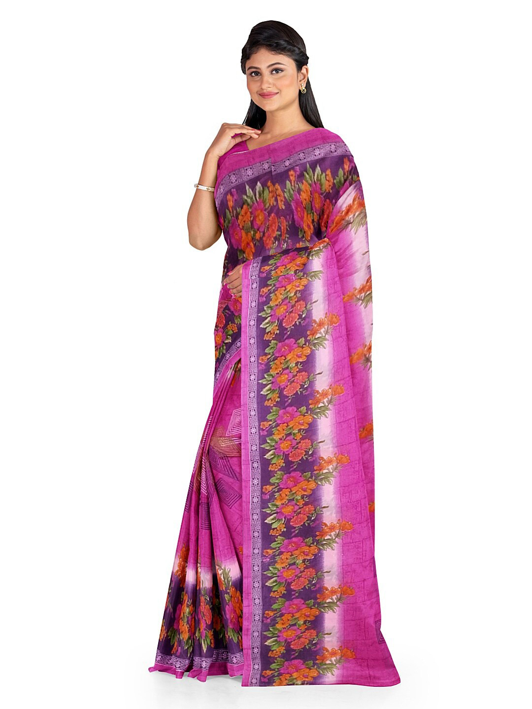 Florence Pink & Violet Floral Pure Georgette Fusion Dharmavaram Saree