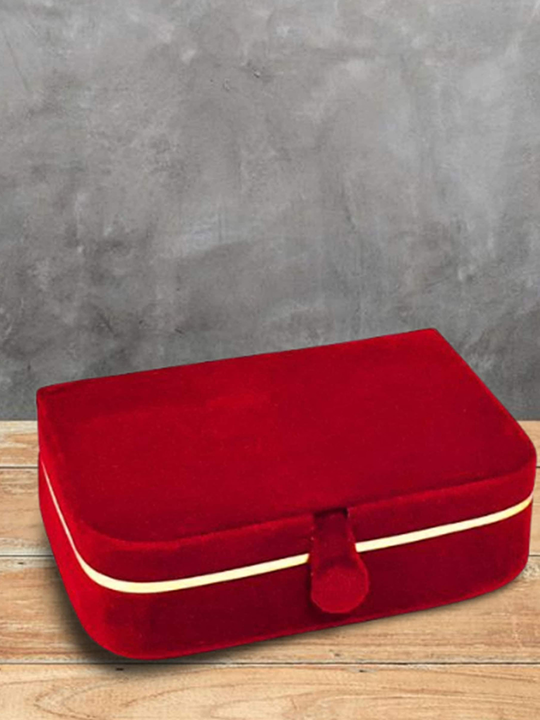 atorakushon Set Of 4 Cream-Toned & Red Solid Jewellery Ring Earrings Storage Box