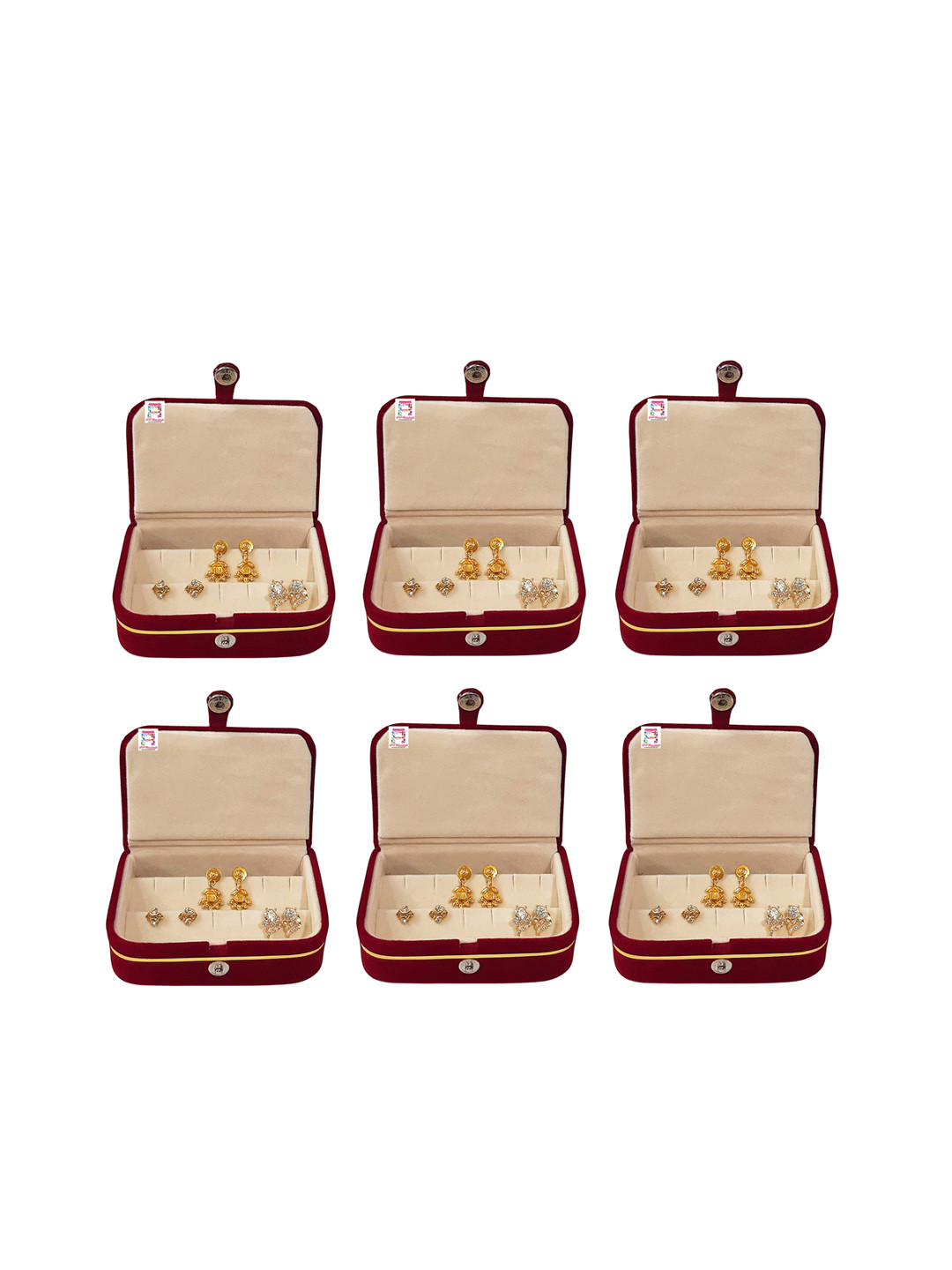 atorakushon Set Of 6 Cream-Toned & Red Solid Jewellery Ring Earrings Storage Box