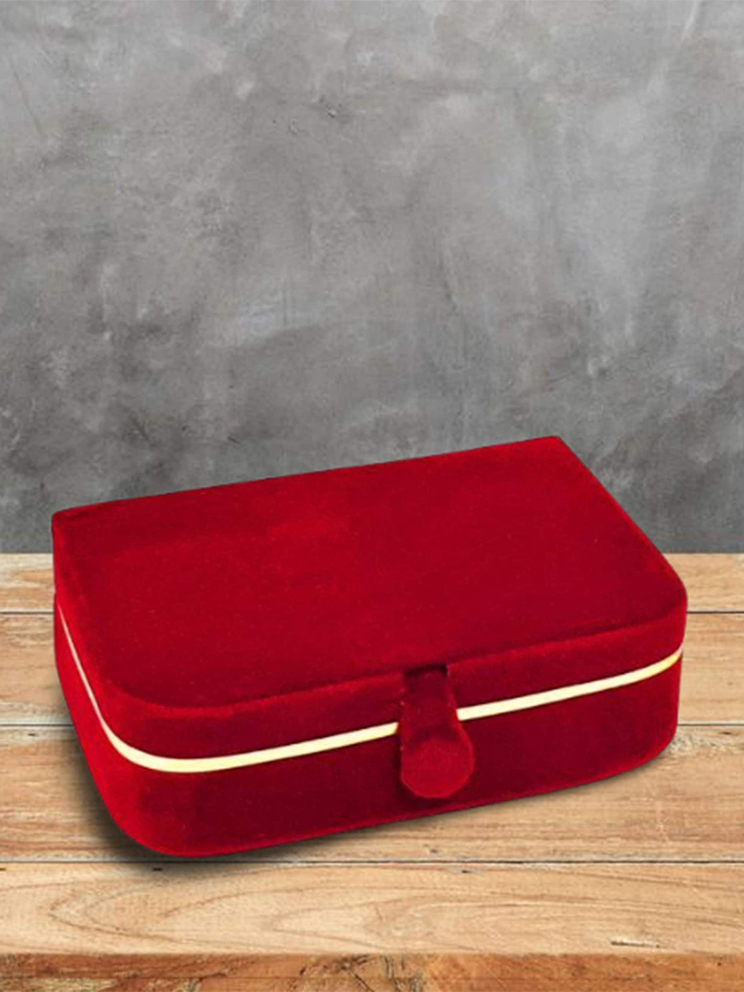 atorakushon Set Of 4 Cream-Toned & Red Solid Jewellery Ring Earrings Storage Box