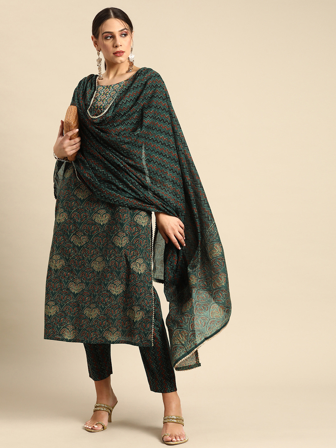 Anouk Green & Rust Red Ethnic Ajrakh Embroidered Cotton Straight Kurta Trousers Dupatta