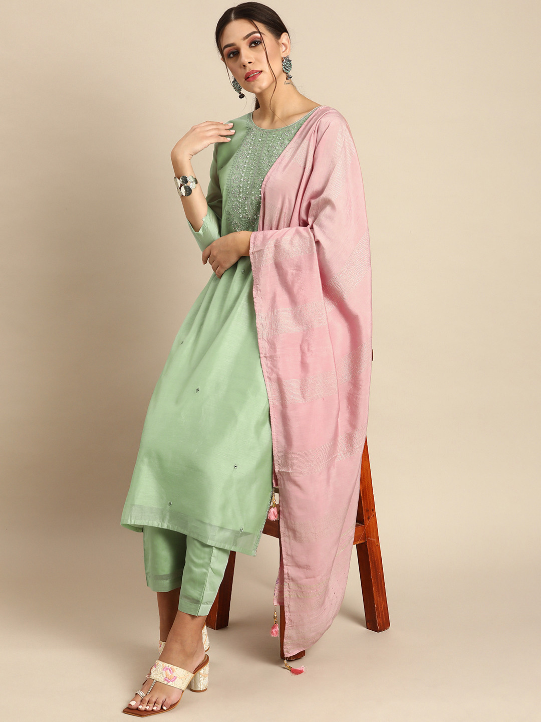 Anouk Women Sage Green & Gold Ethnic Mirror Embroidered Straight Kurta Trousers Dupatta