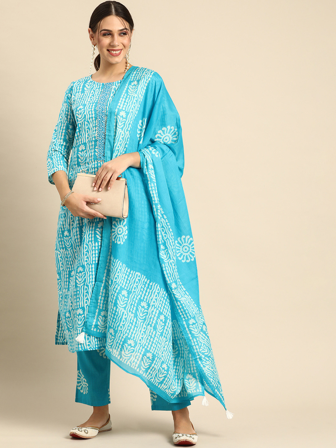 Anouk Blue & White Ethnic Motifs Print Mirror Work Cotton Straight Kurta Trousers Dupatta