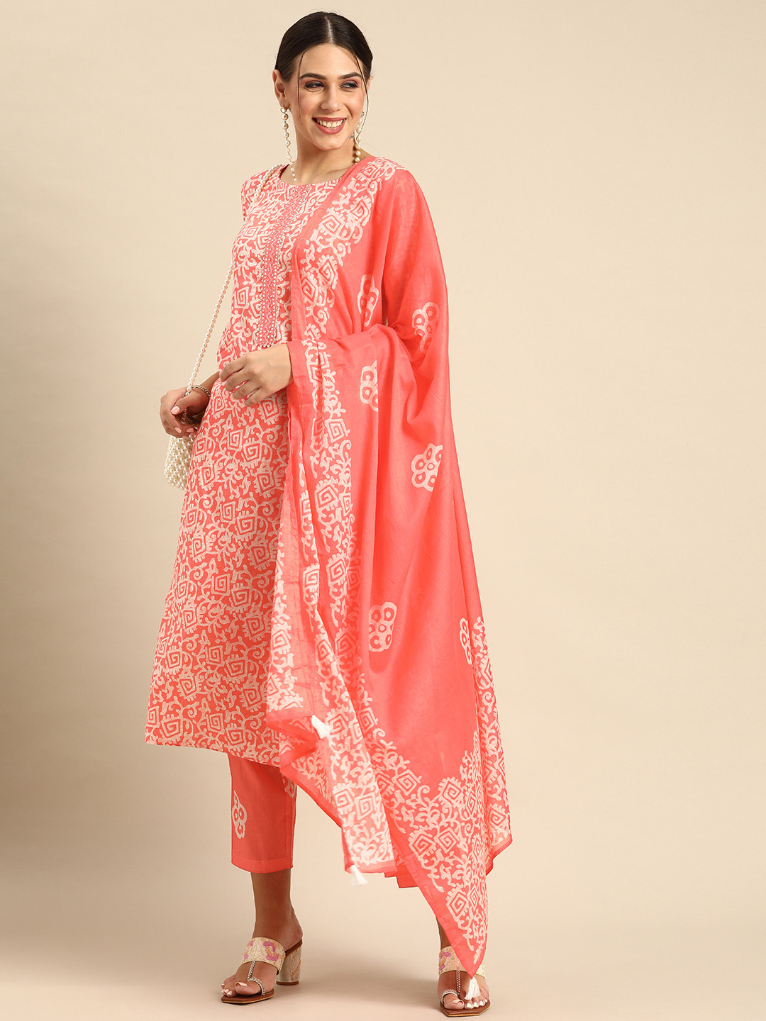 Anouk Coral Pink & White Ethnic Print Mirror Work Cotton Straight Kurta Trousers Dupatta