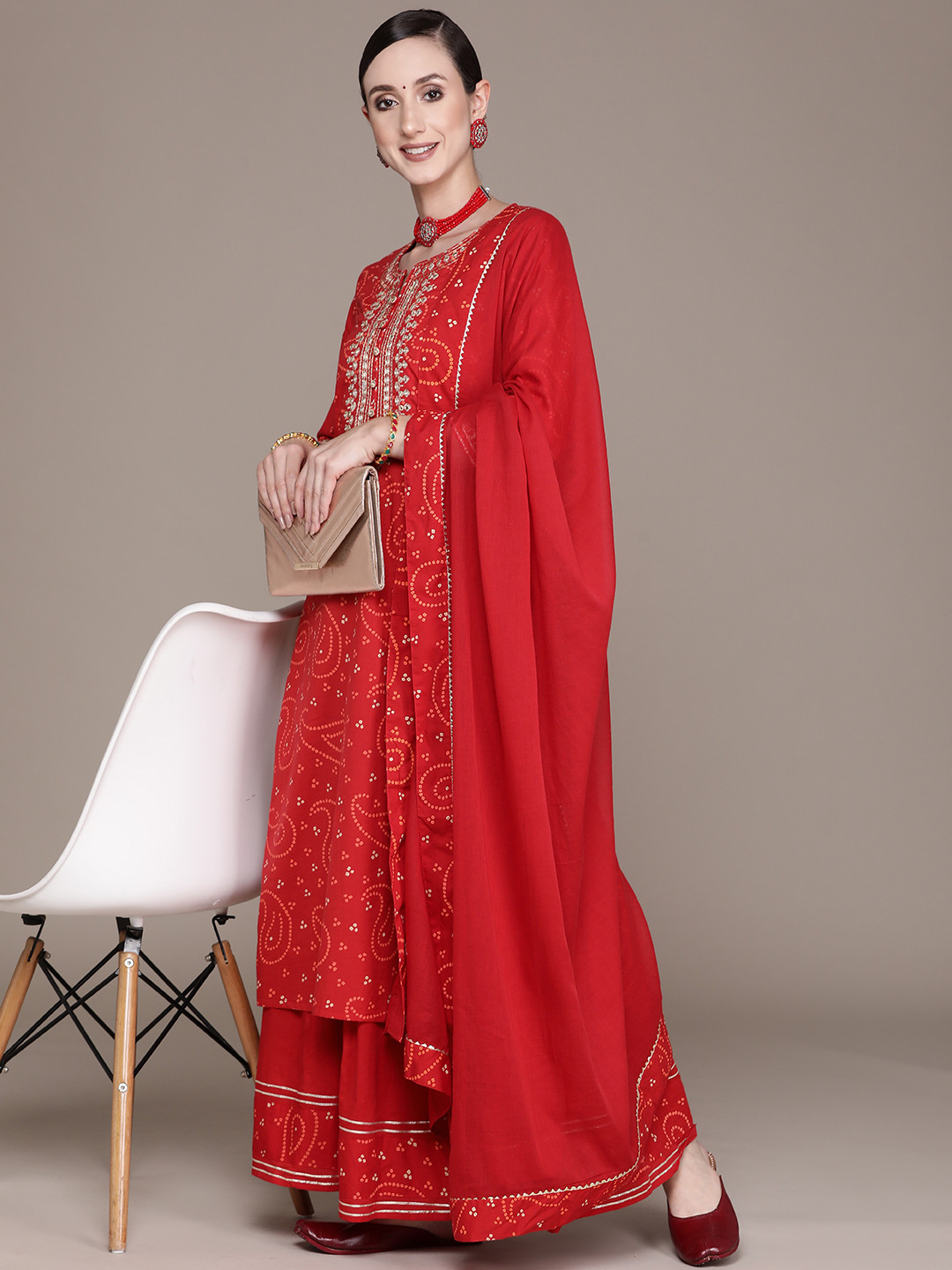 Ishin Women Red Bandhani Printed Gotta Patti Pure Cotton Kurta with Sharara & With Dupatta