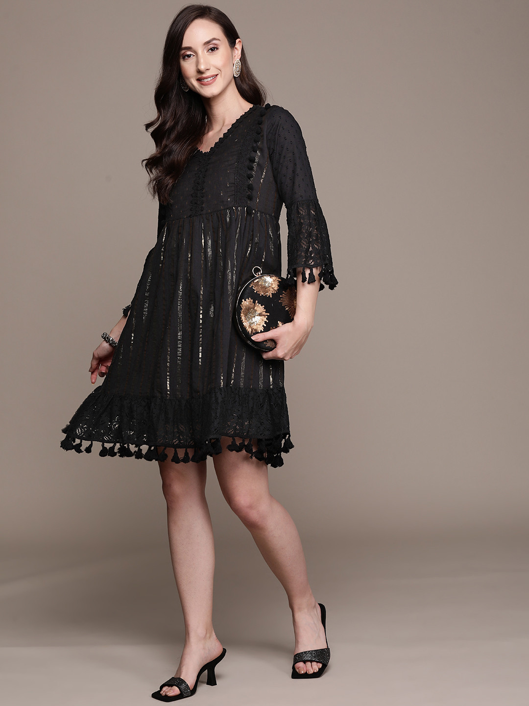 Ishin Black & Gold-Toned Embellished Empire Dress
