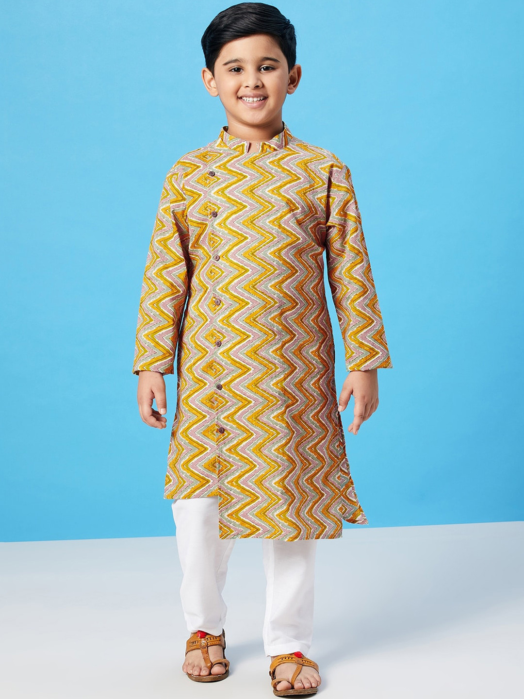 Stylo Bug Boys Yellow Striped Angrakha Pure Cotton Kurta with Pyjamas