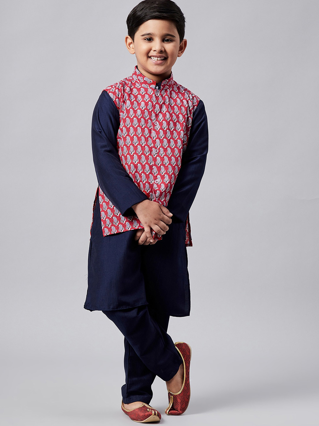 Stylo Bug Boys Navy Blue Ethnic Motifs Kurta with Trouser Pants & Jacket
