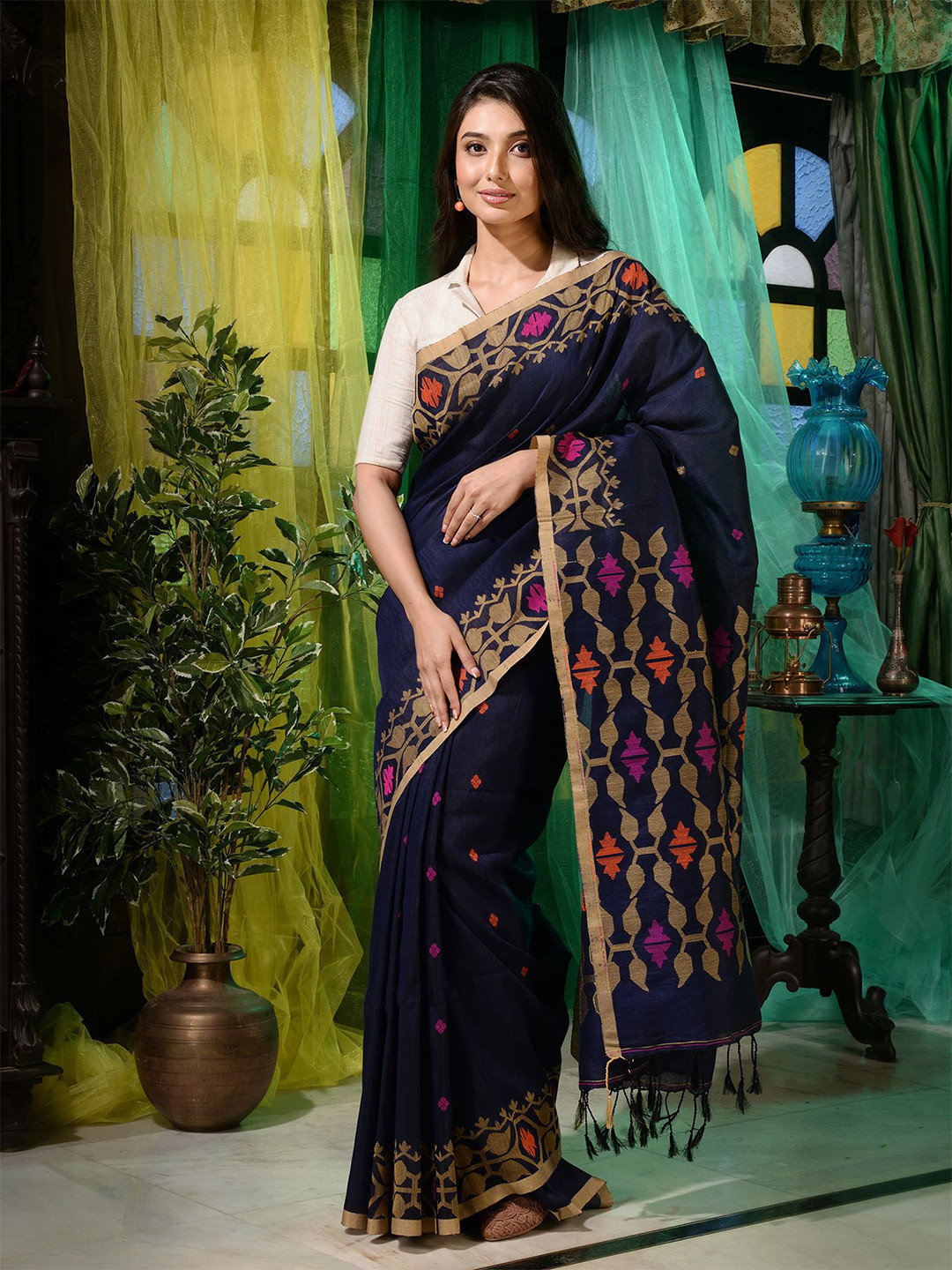 Charukriti Blue & Brown Woven Design Zari Pure Linen Saree