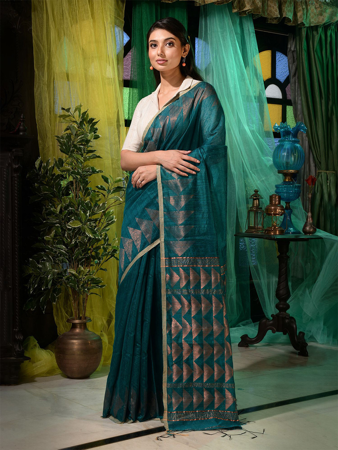 Charukriti Teal & Copper-Toned Woven Design Zari Handloom Saree