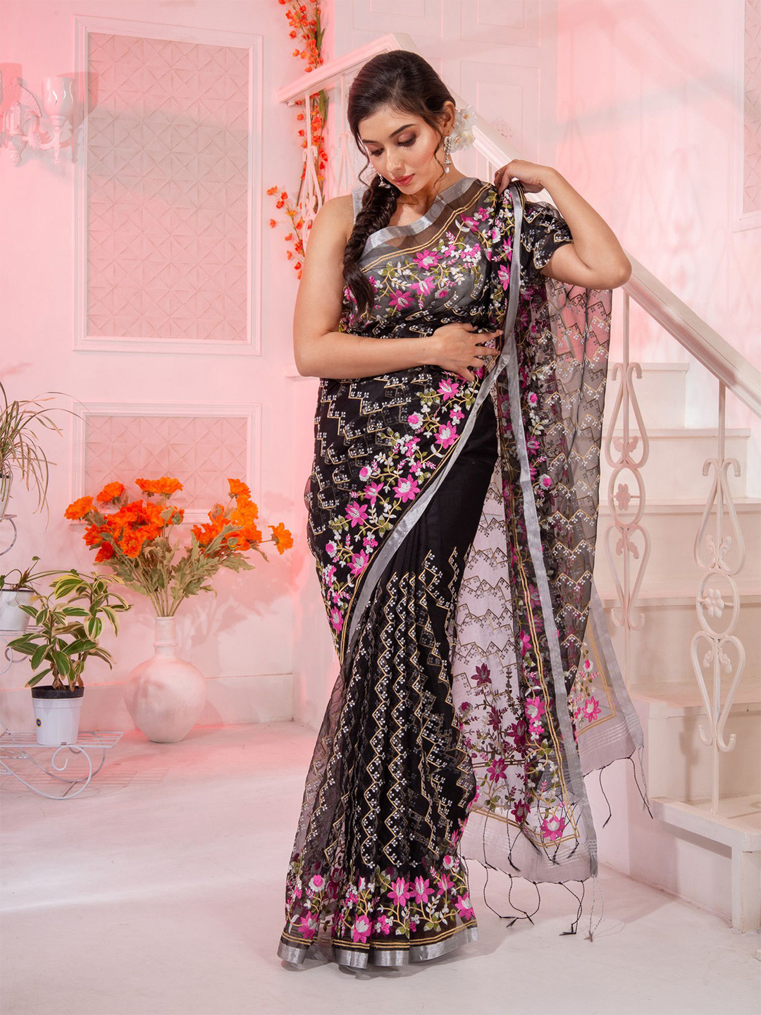 Charukriti Black & Pink Floral Saree
