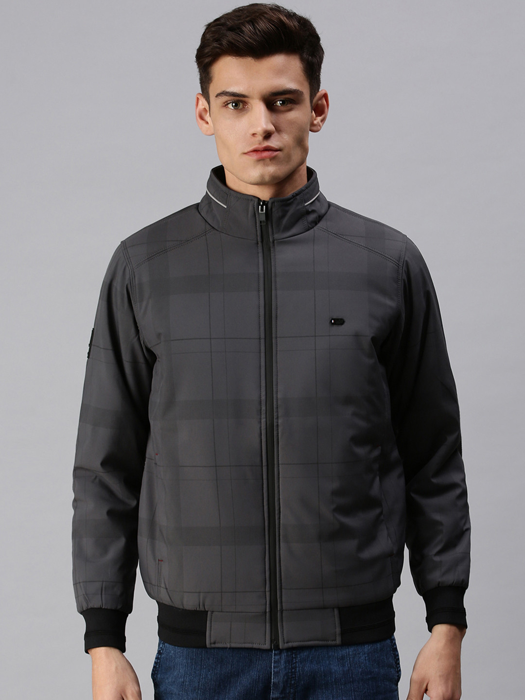 SHOWOFF Men Grey Checked Bomber Jacket