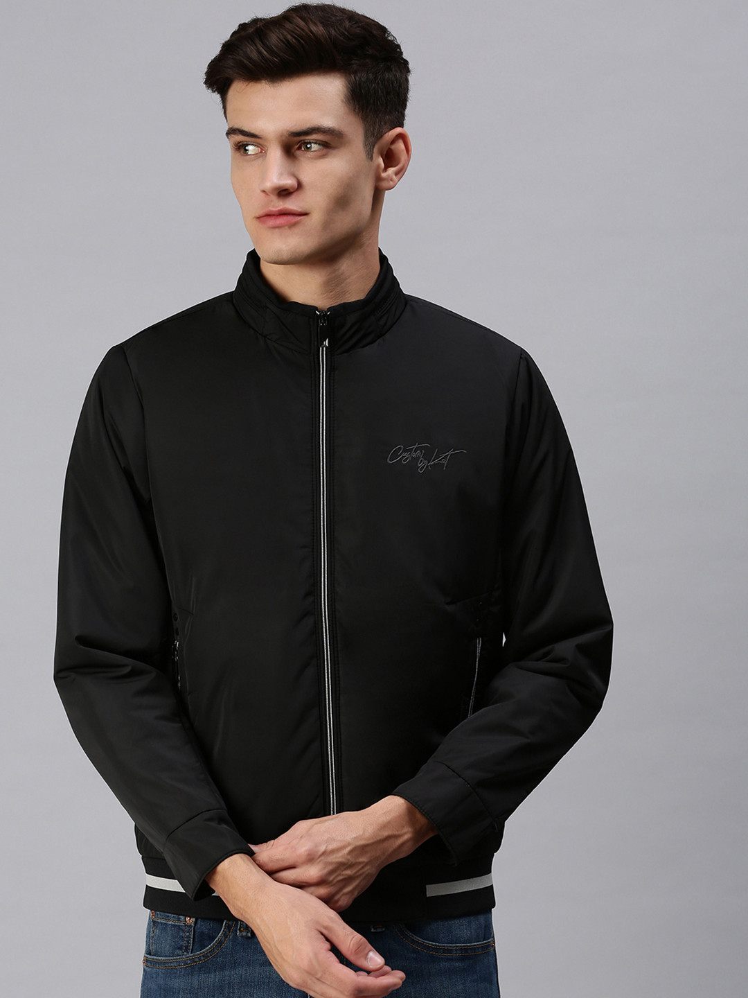 SHOWOFF Men Black Geometric Bomber with Patchwork Jacket