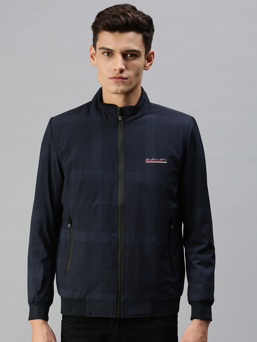 SHOWOFF Men Navy Blue Geometric Bomber with Patchwork Jacket