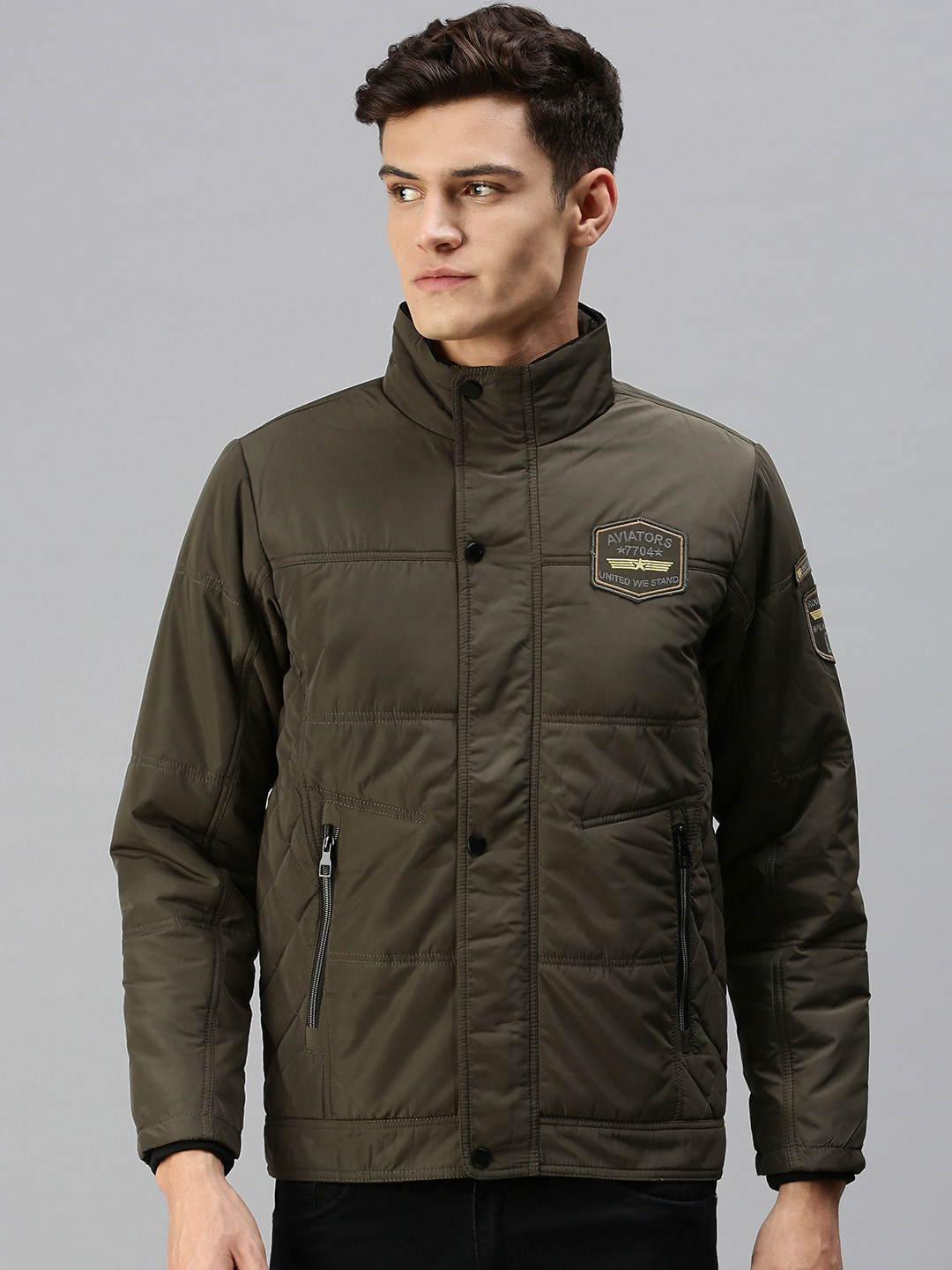 SHOWOFF Men Olive Green Camouflage Padded Jacket with Patchwork