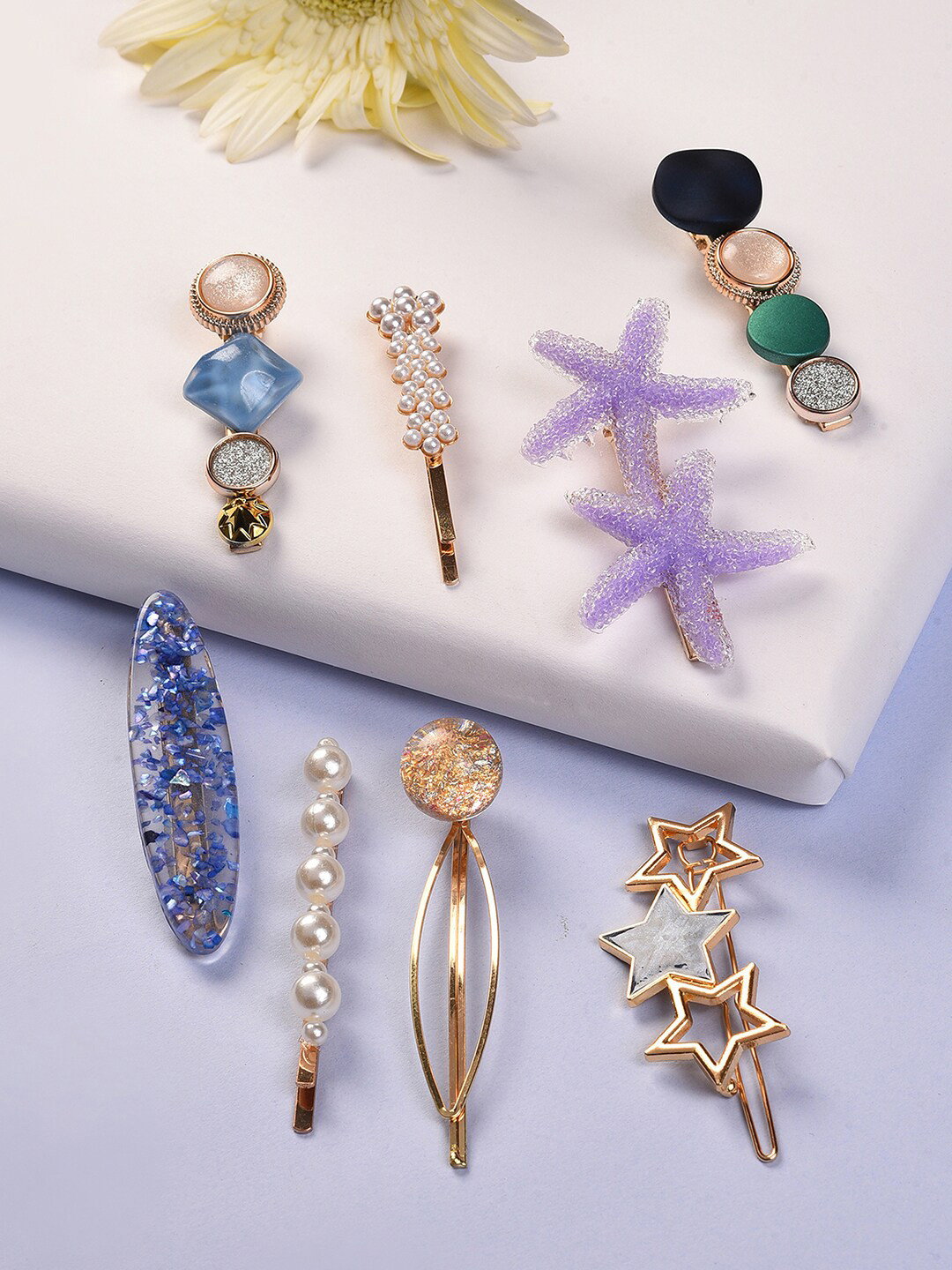 SOHI pack of 8 Women Gold-Toned & Lavender Fur Alligator Hair Clip