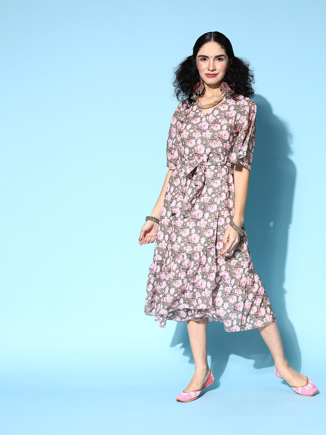 PANIT Women  Grey Floral Twist & Knot Dress