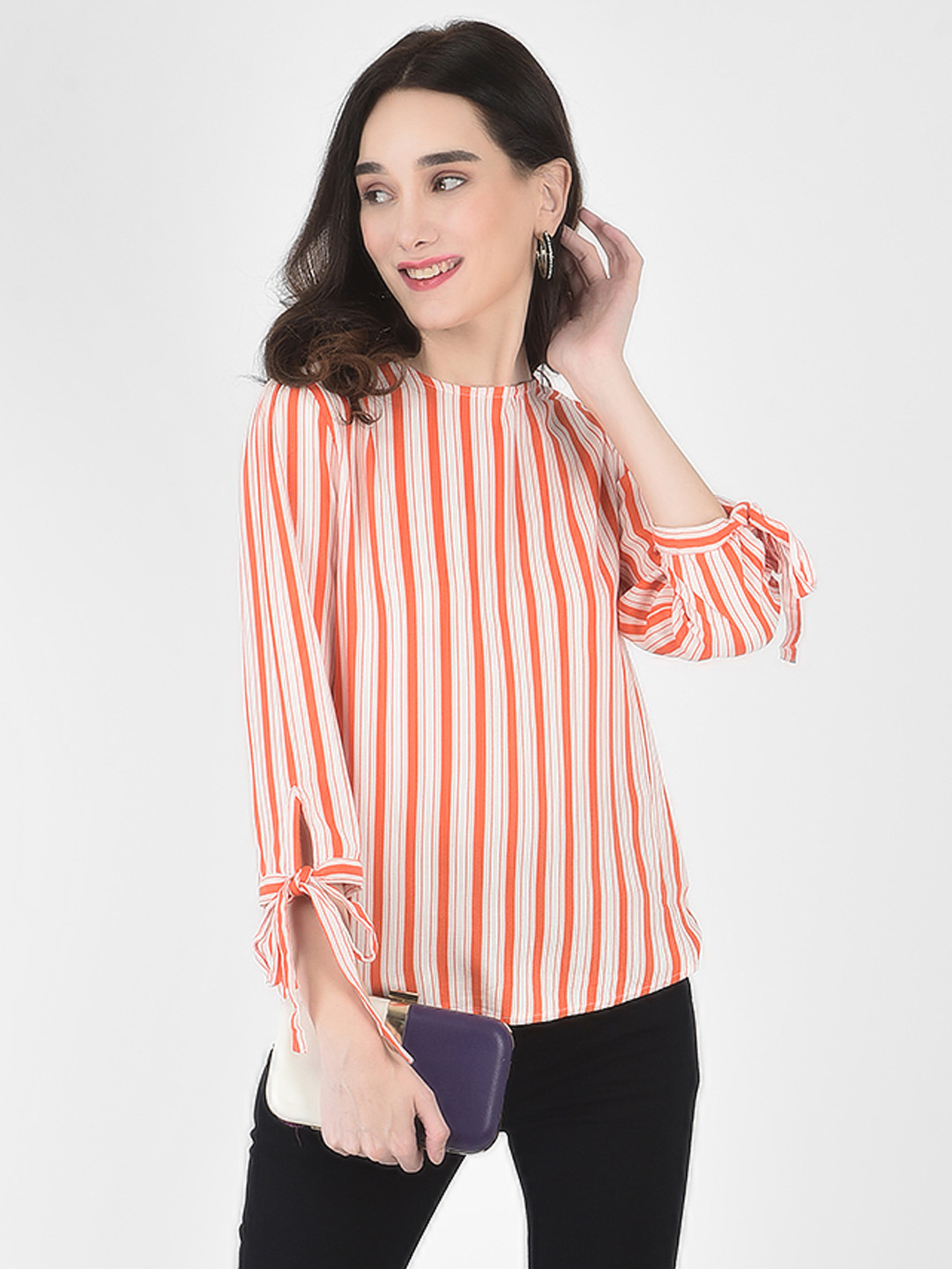 Crimsoune Club Orange & White Striped Tie-Up Sleeve Top