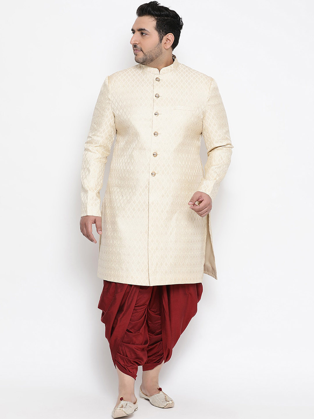 KISAH PLUS  Men Cream Colored Woven Design Cotton Indowestern Sherwani