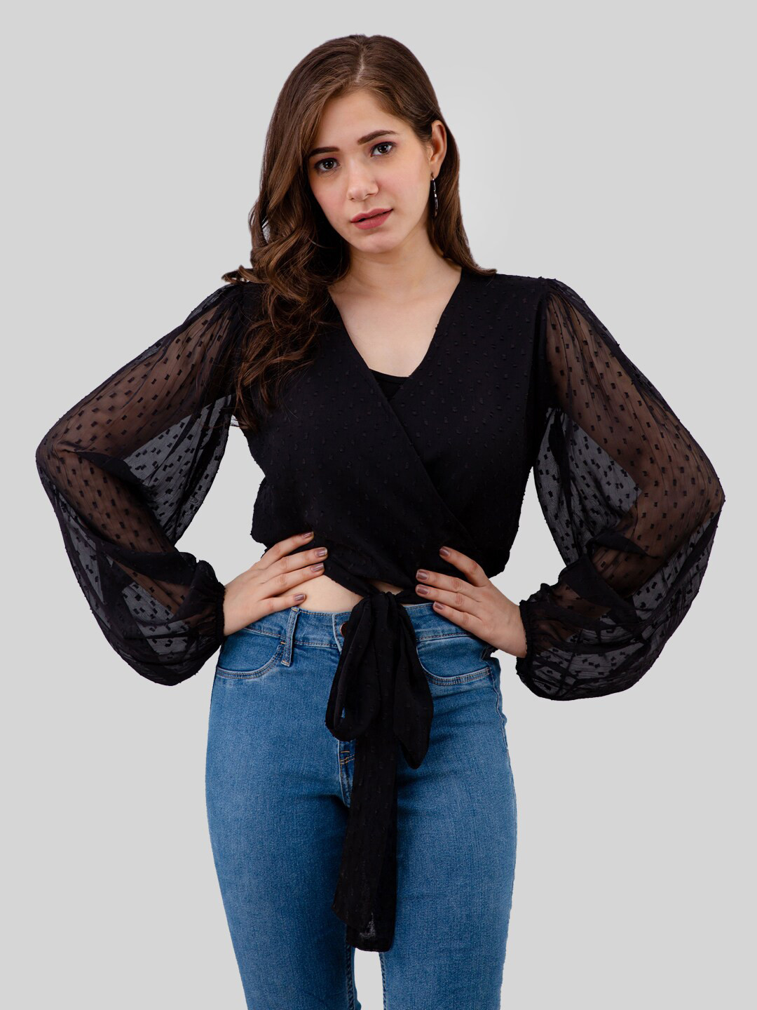 Fuchsia  Black & licorice Bishop Sleeves Wrap Crop Top