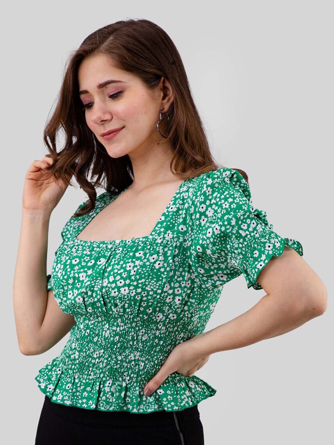 Fuchsia  Green & parakeet Floral Print Cinched Waist Top