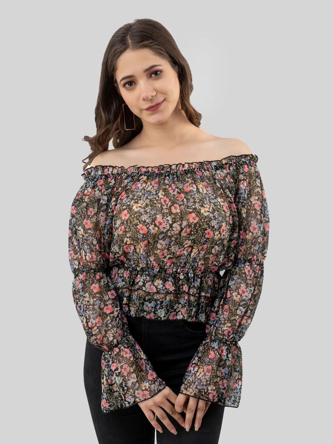 Fuchsia  Multicoloured & duffel bag Floral Print Off-Shoulder Georgette Bardot Top