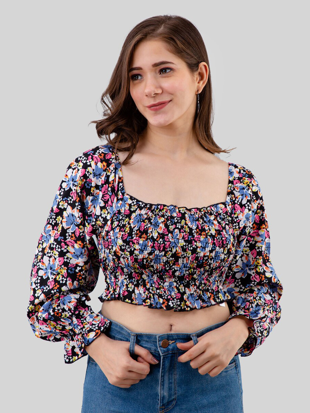 Fuchsia  Multicoloured & pale blush Floral Print Crop Top