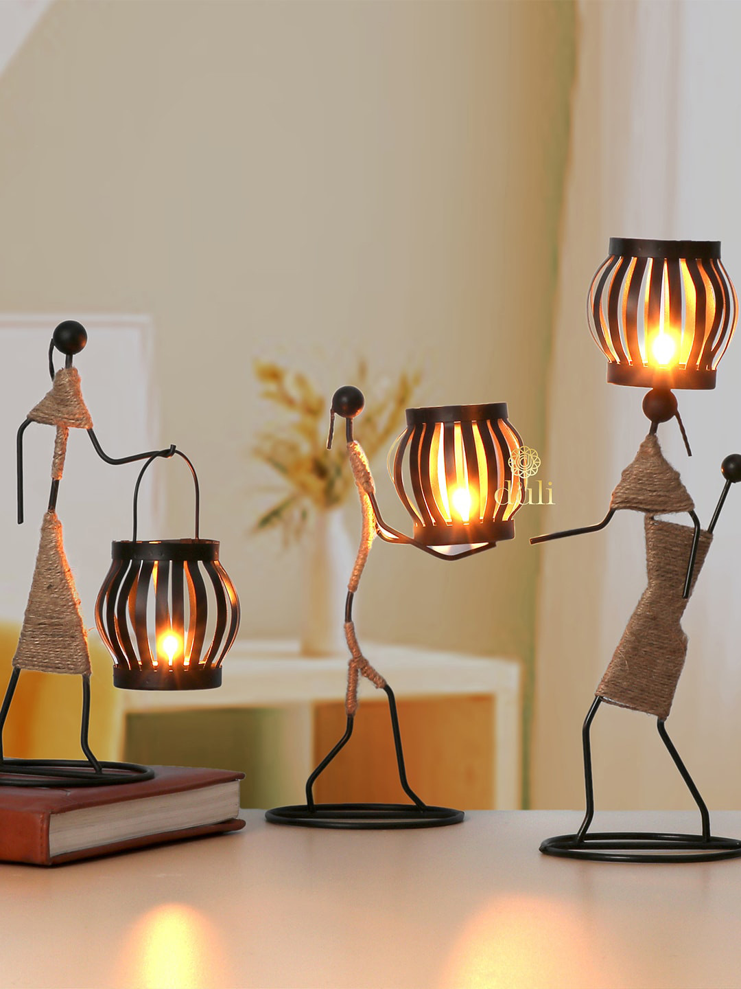 DULI Set of 3 Black & Beige-Colored Metal Handcrafted Figurines Tealight Candle Holders